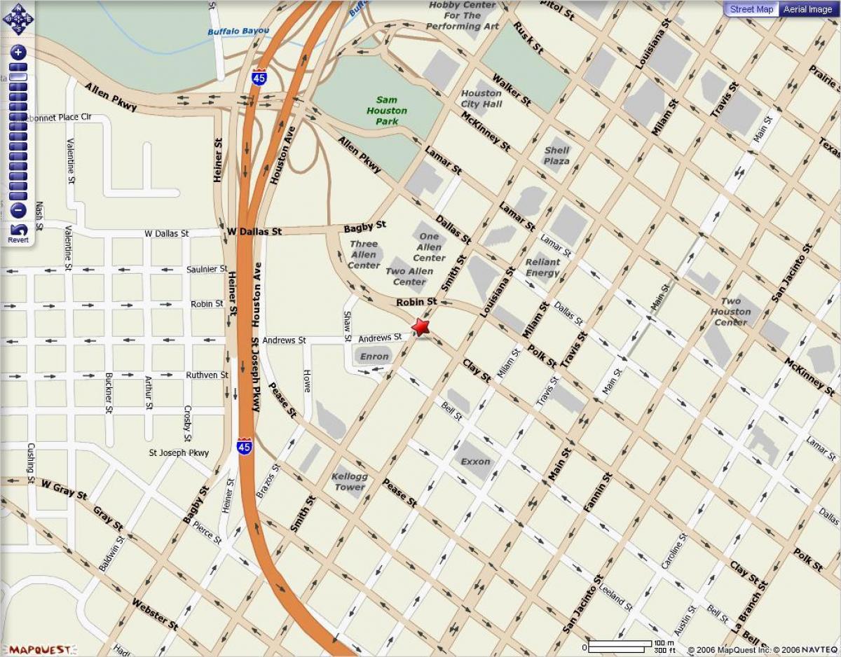 kort over centrum af Houston