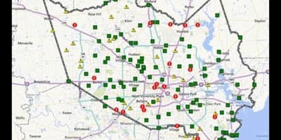Kort over oversvømmede områder i Houston