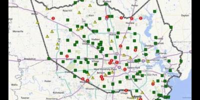 Kort over oversvømmede områder i Houston
